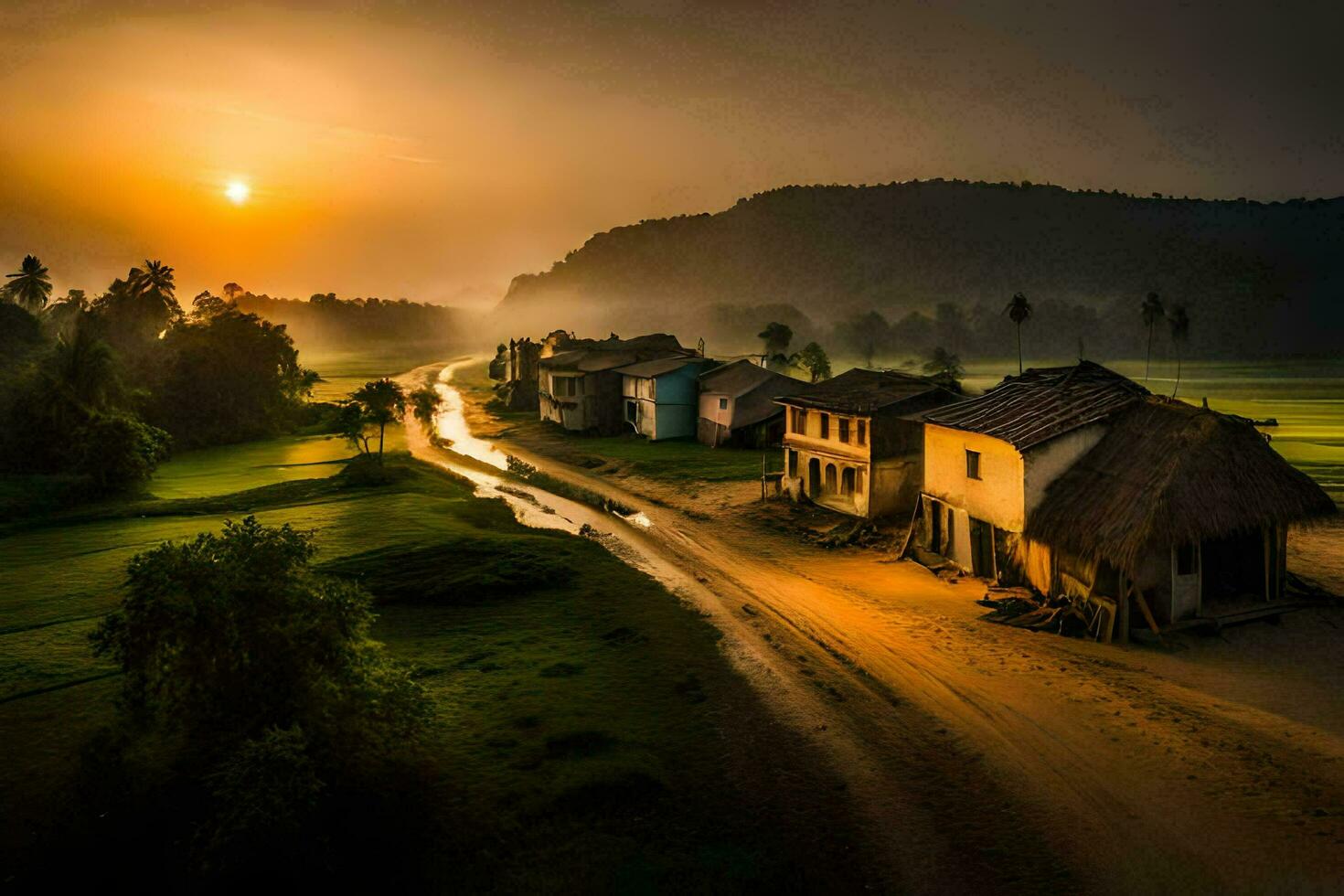 the sun rises over a village in the countryside. AI-Generated photo