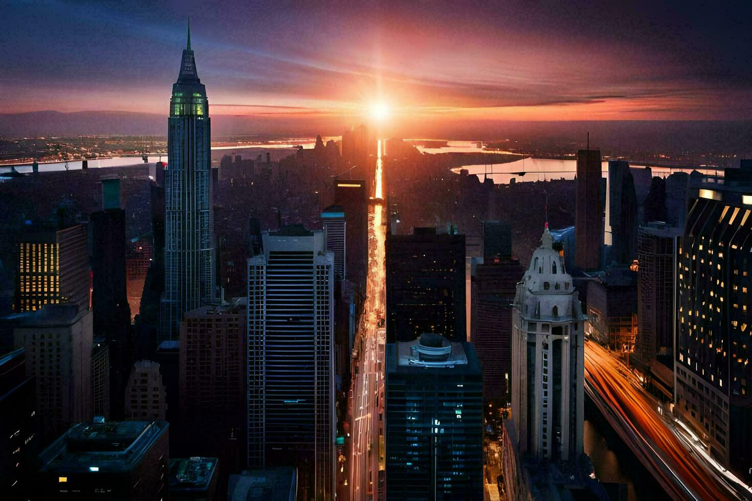 the sun rises over the city skyline. AI-Generated photo