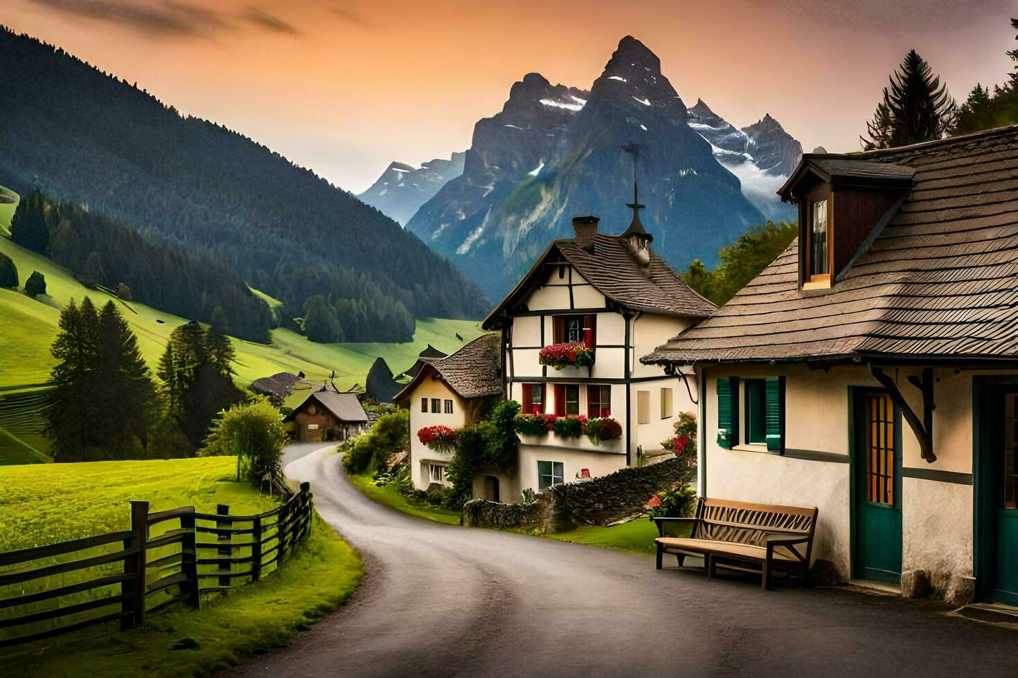 a road in the mountains with houses and mountains in the background. AI-Generated photo