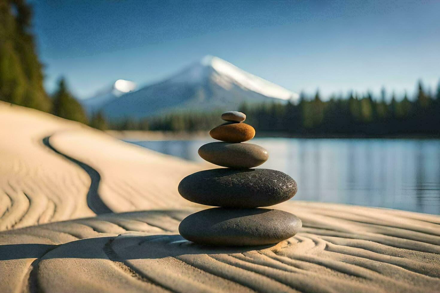 a stack of stones on the beach with a mountain in the background. AI-Generated photo