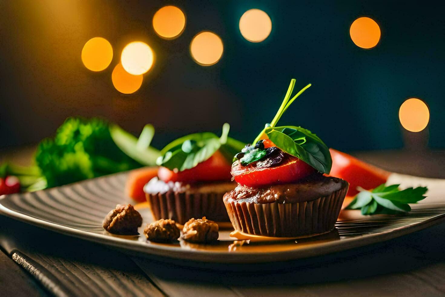 two cupcakes with tomatoes and herbs on a plate. AI-Generated photo