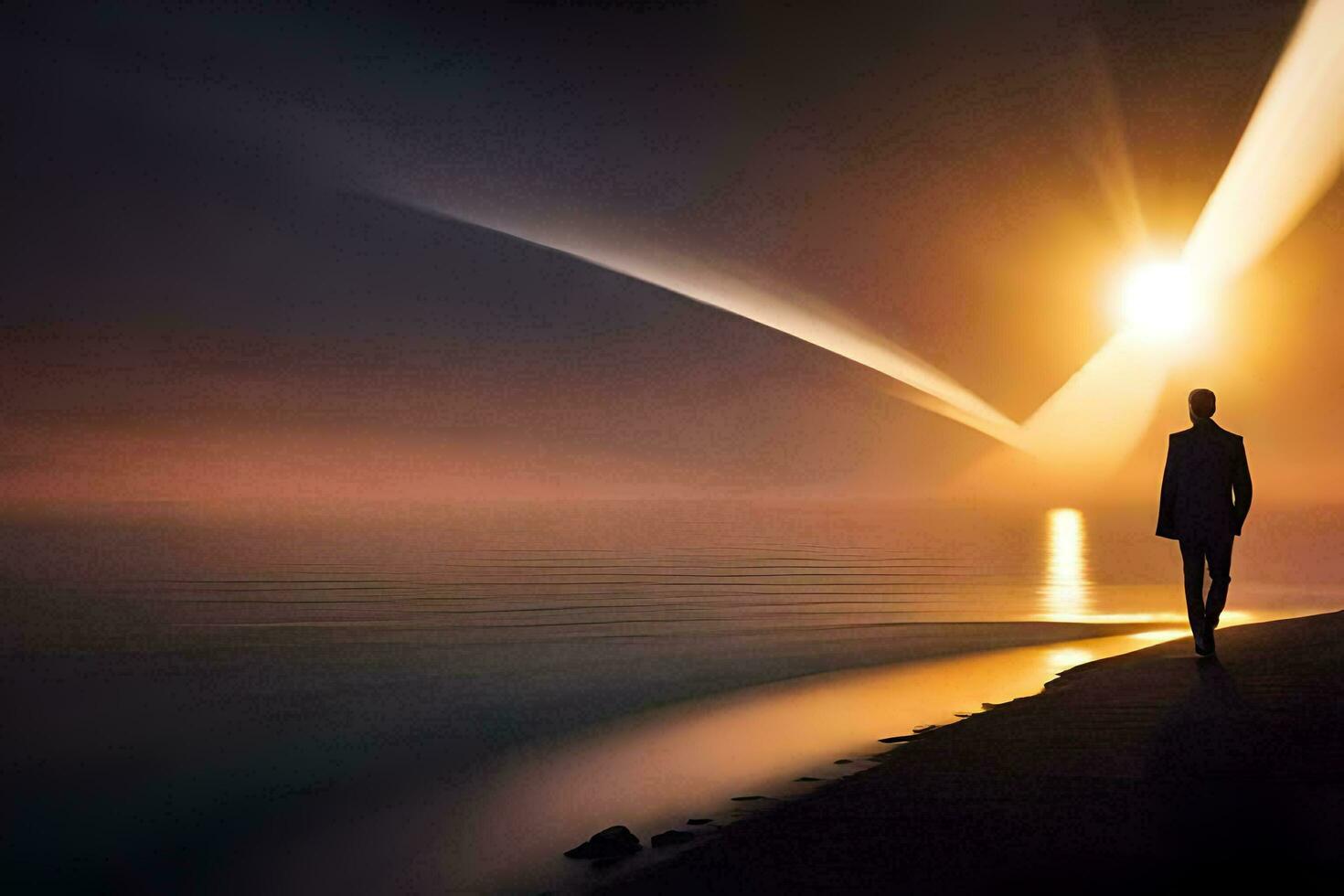 a man is walking along the beach at sunset. AI-Generated photo
