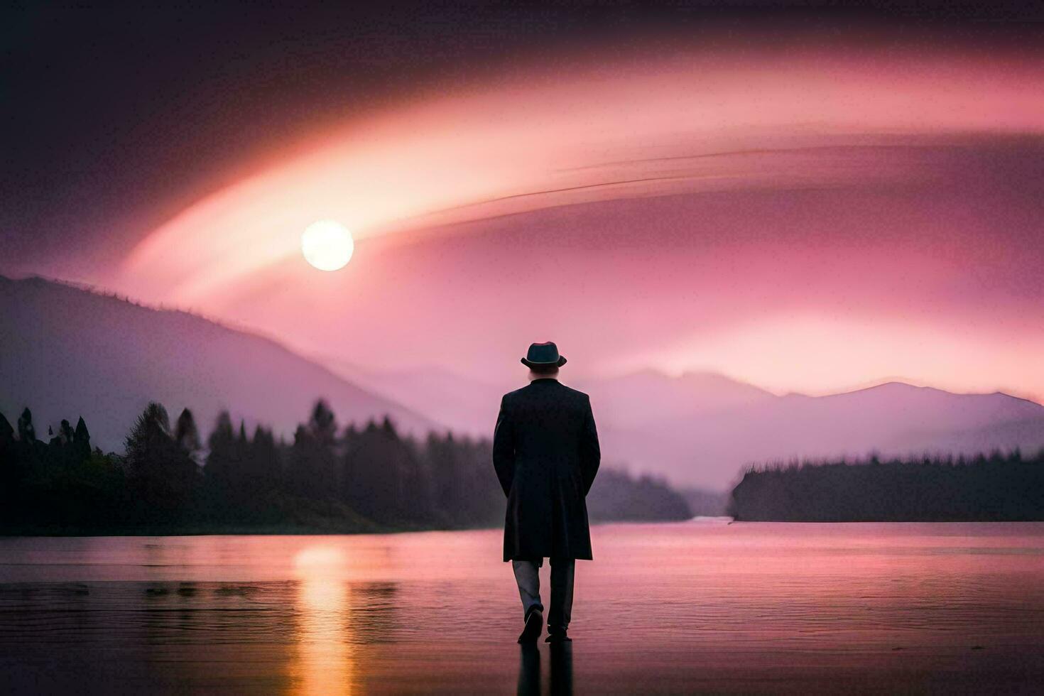 un hombre en un sombrero soportes en frente de un lago a puesta de sol. generado por ai foto