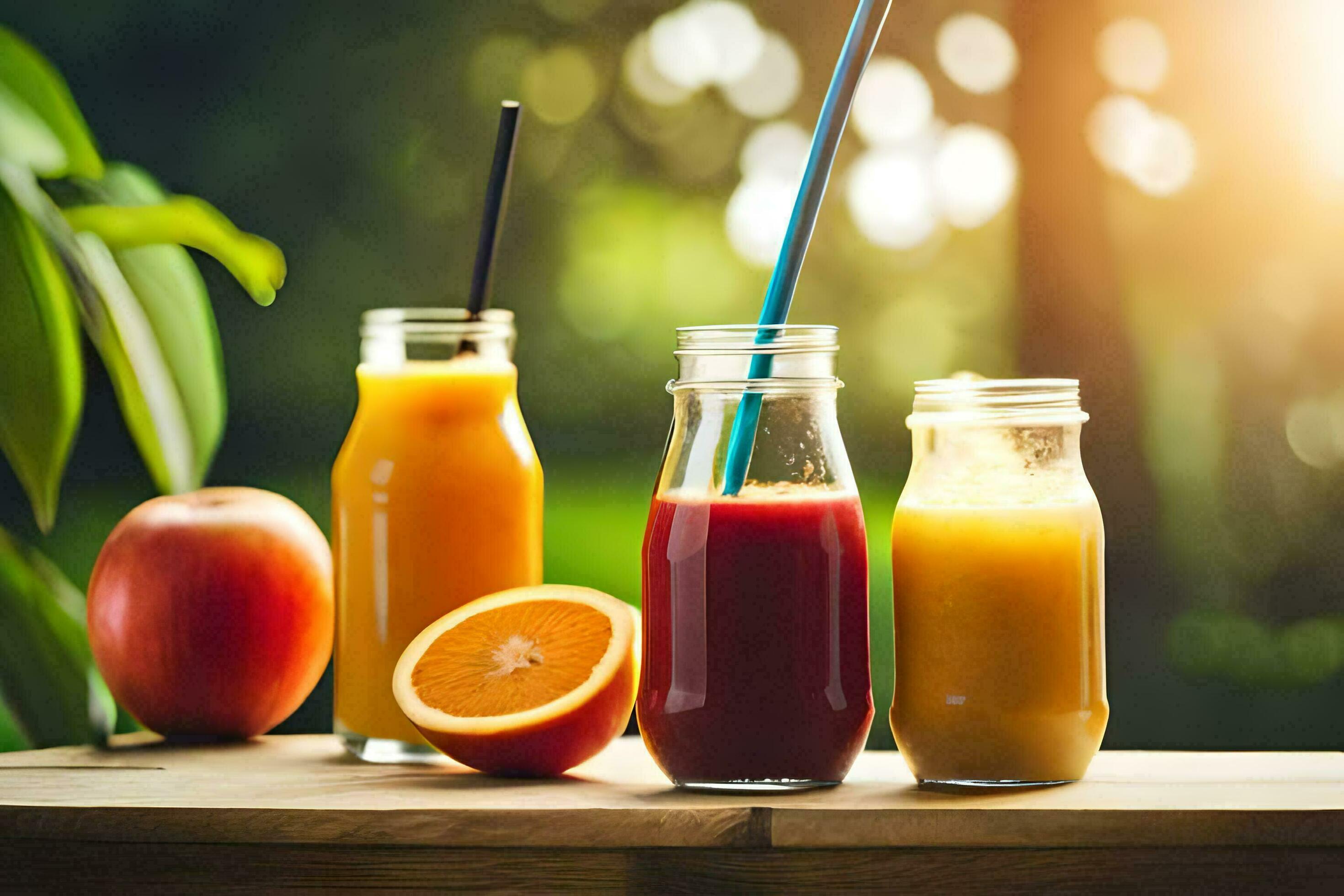 three different types of juice in glass bottles. AIGenerated 33938889