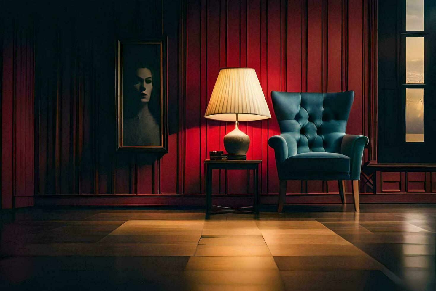 a chair and lamp in a dark room. AI-Generated photo