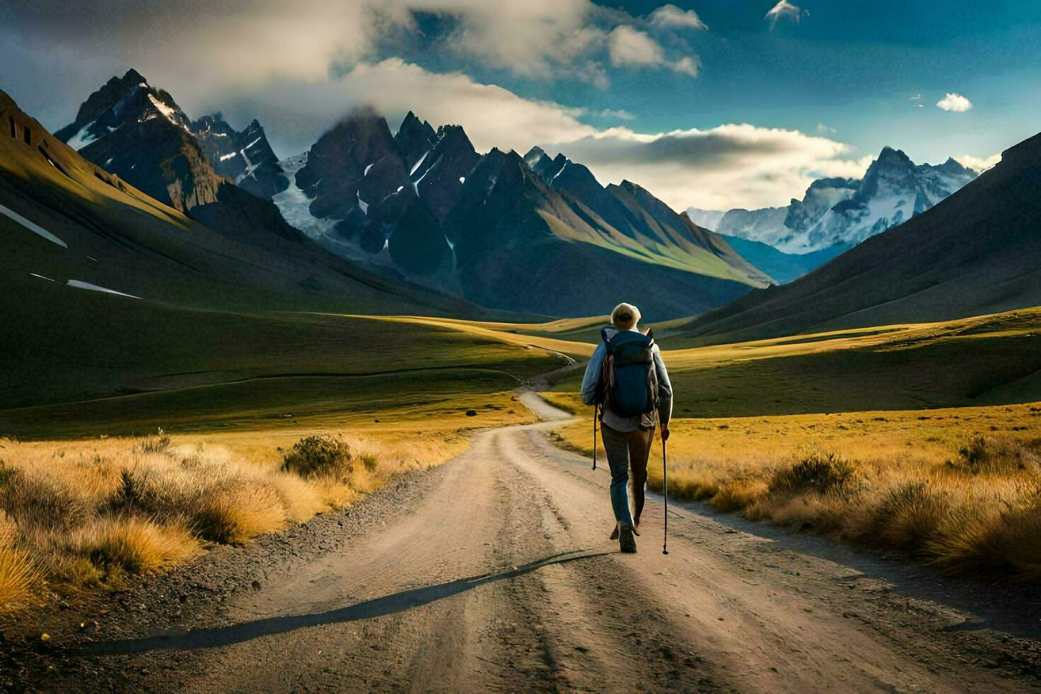 a man walking on a dirt road in the mountains. AI-Generated photo