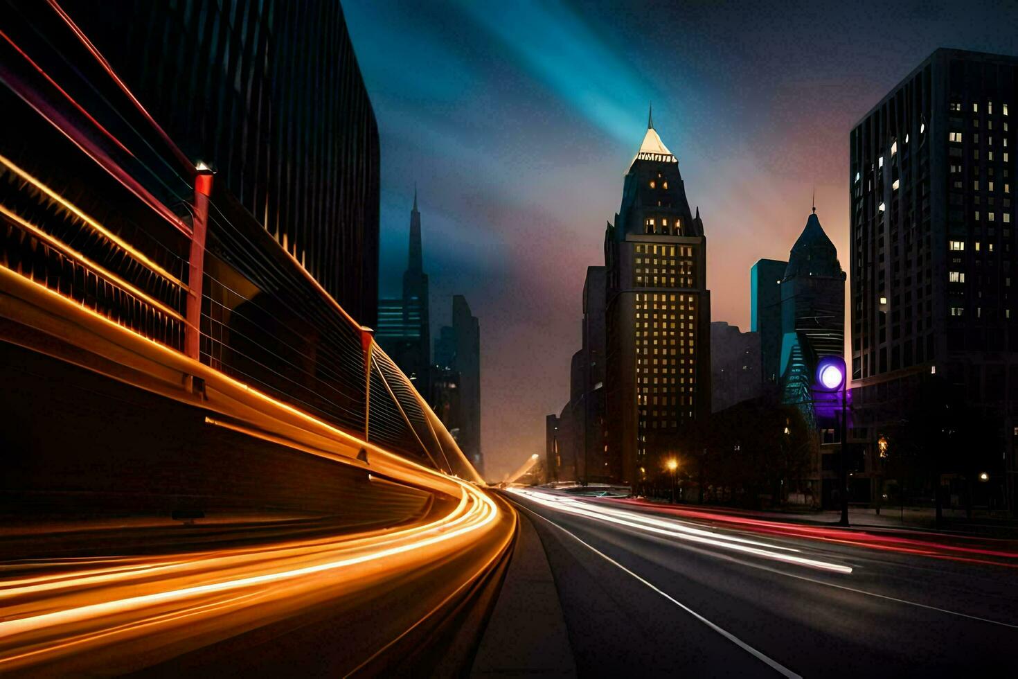 un largo exposición fotografía de un ciudad calle a noche. generado por ai foto