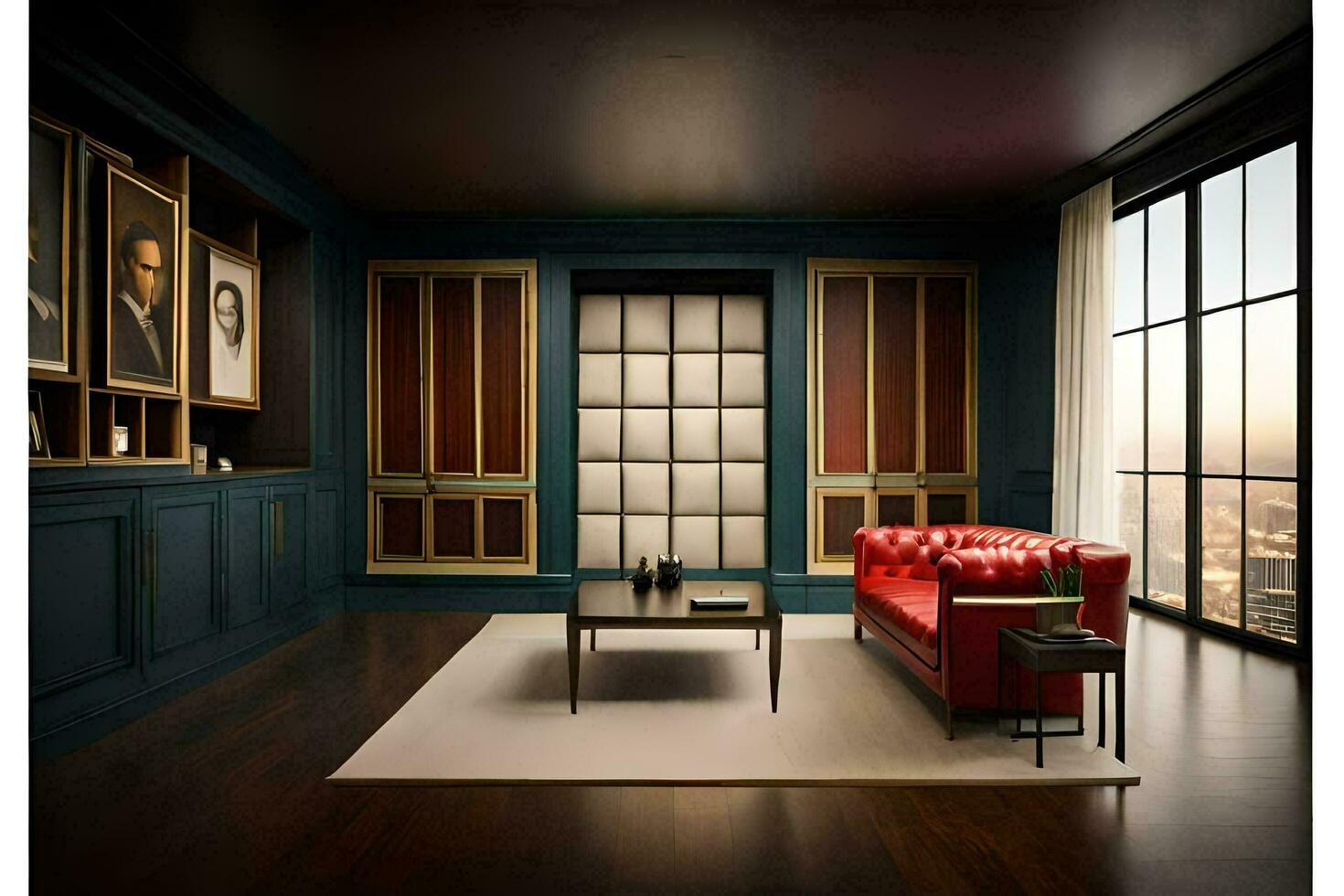 a room with a red couch and a painting on the wall. AI-Generated photo