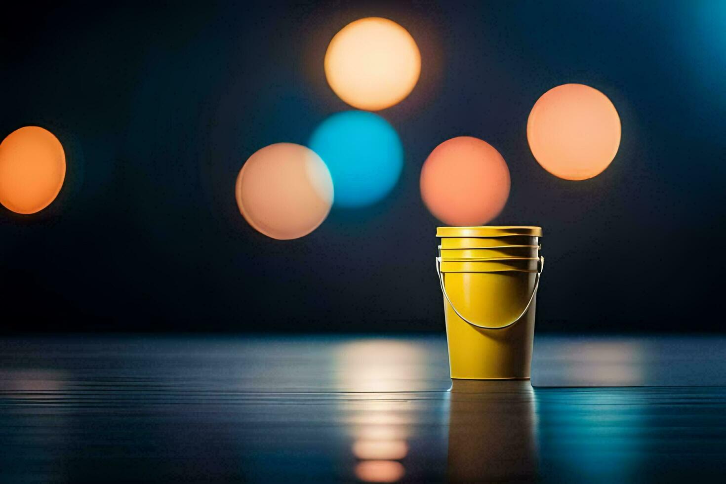 a yellow bucket sitting on a table in front of a blurred background. AI-Generated photo