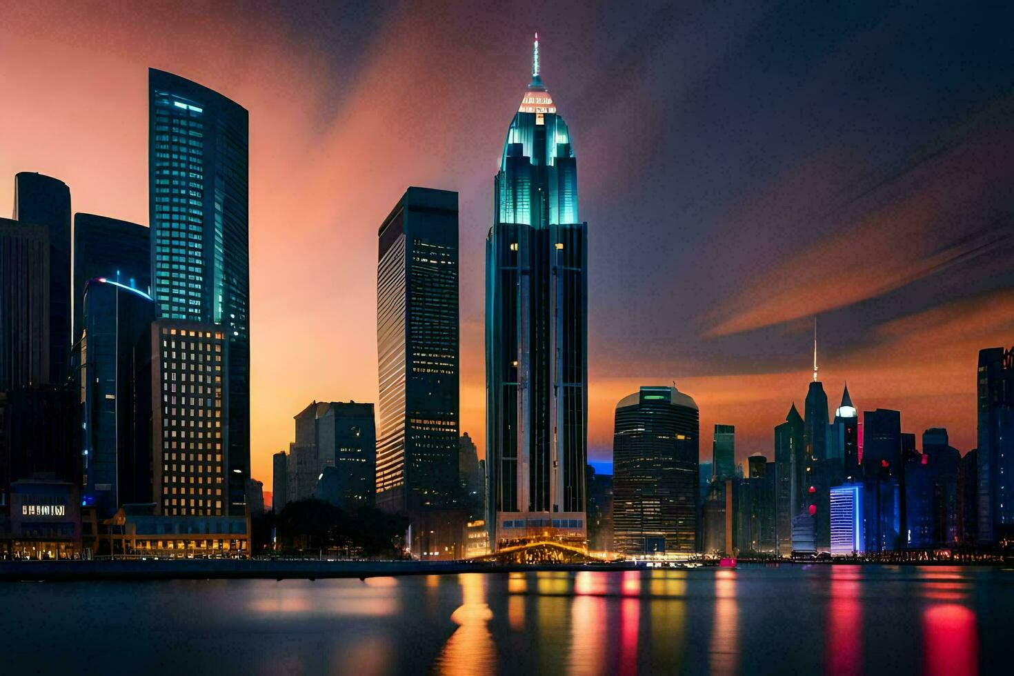 the city skyline at night with the lights reflecting off the water. AI-Generated photo