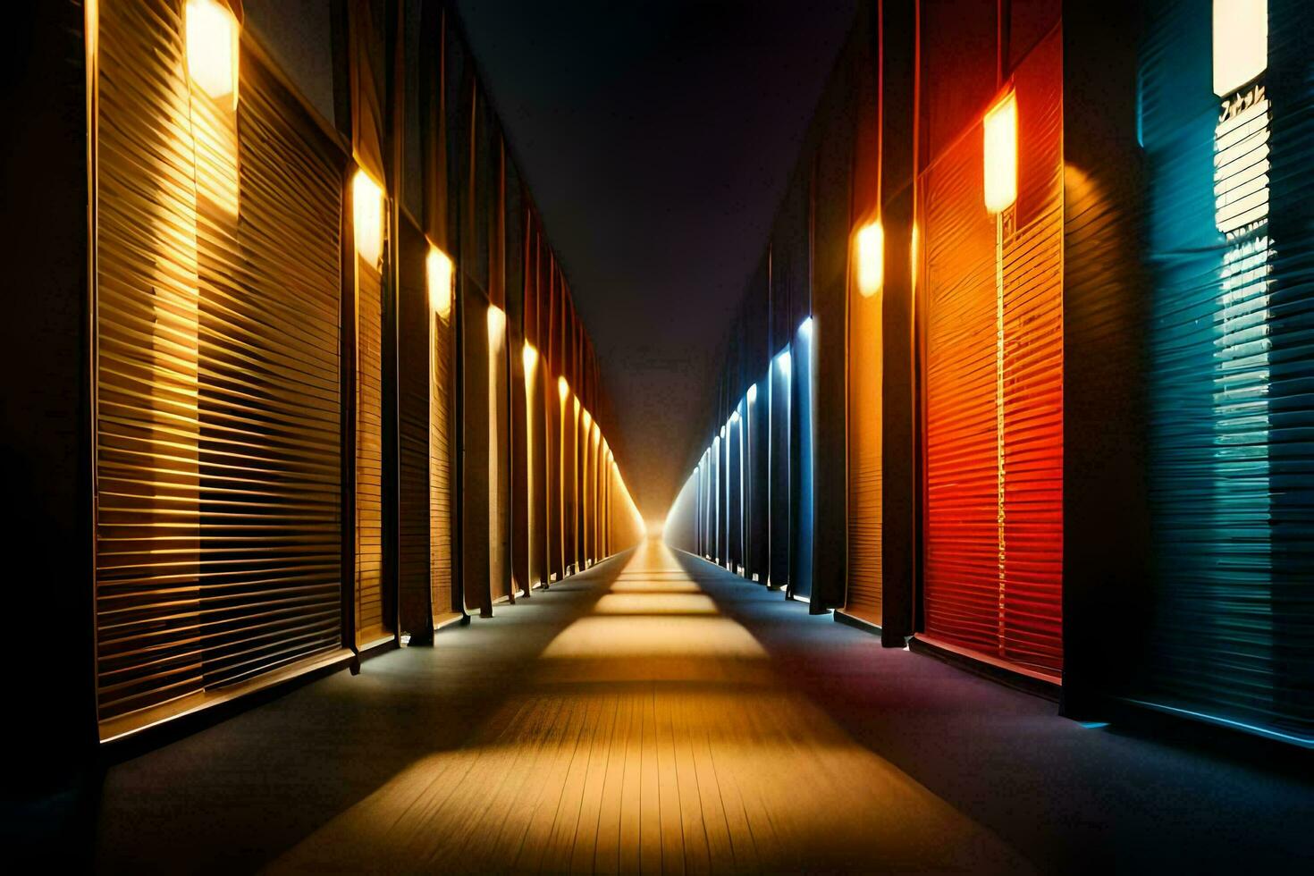 a long hallway with lights on the walls. AI-Generated photo