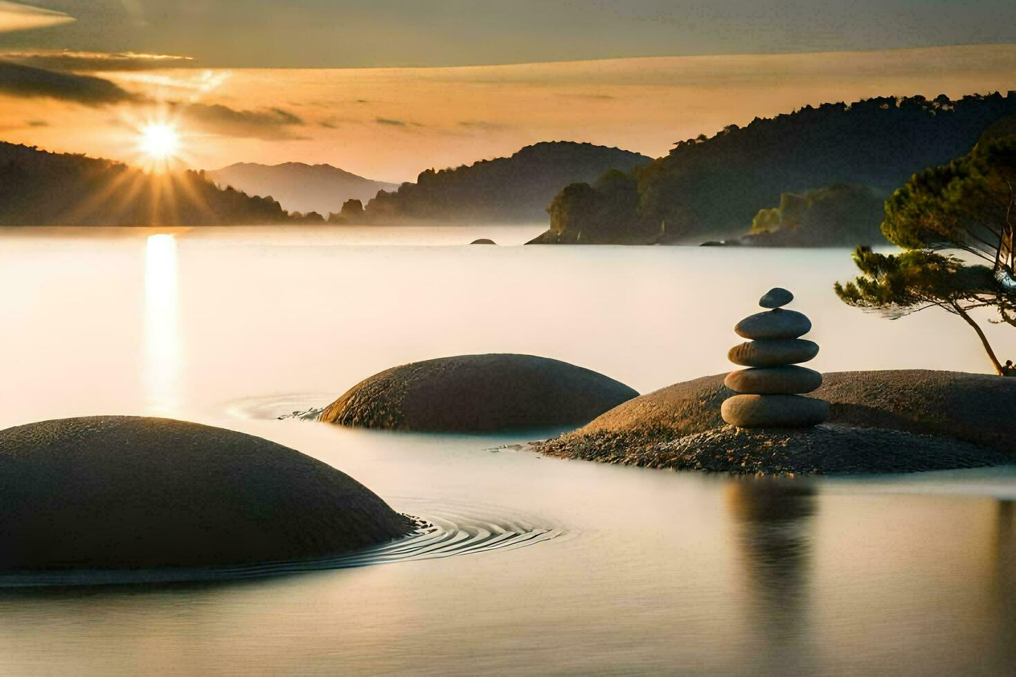 the sun sets over a lake with rocks stacked on top. AI-Generated photo