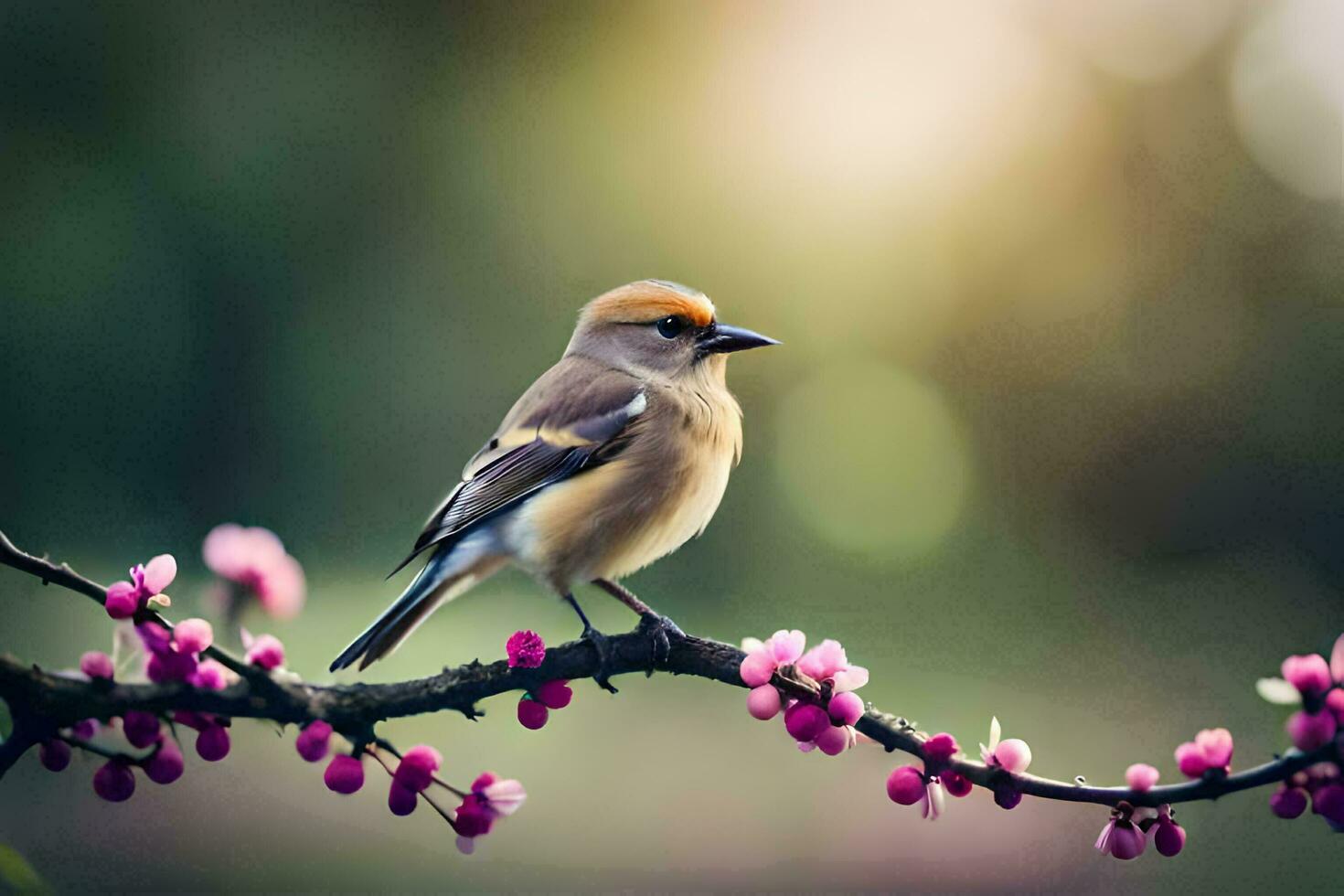a bird is sitting on a branch with pink flowers. AI-Generated photo