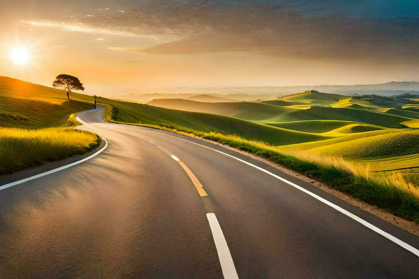 a road in the countryside with the sun setting. AI-Generated photo