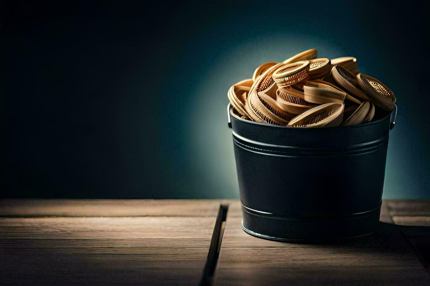 a bucket filled with wooden chips on a wooden table. AI-Generated photo