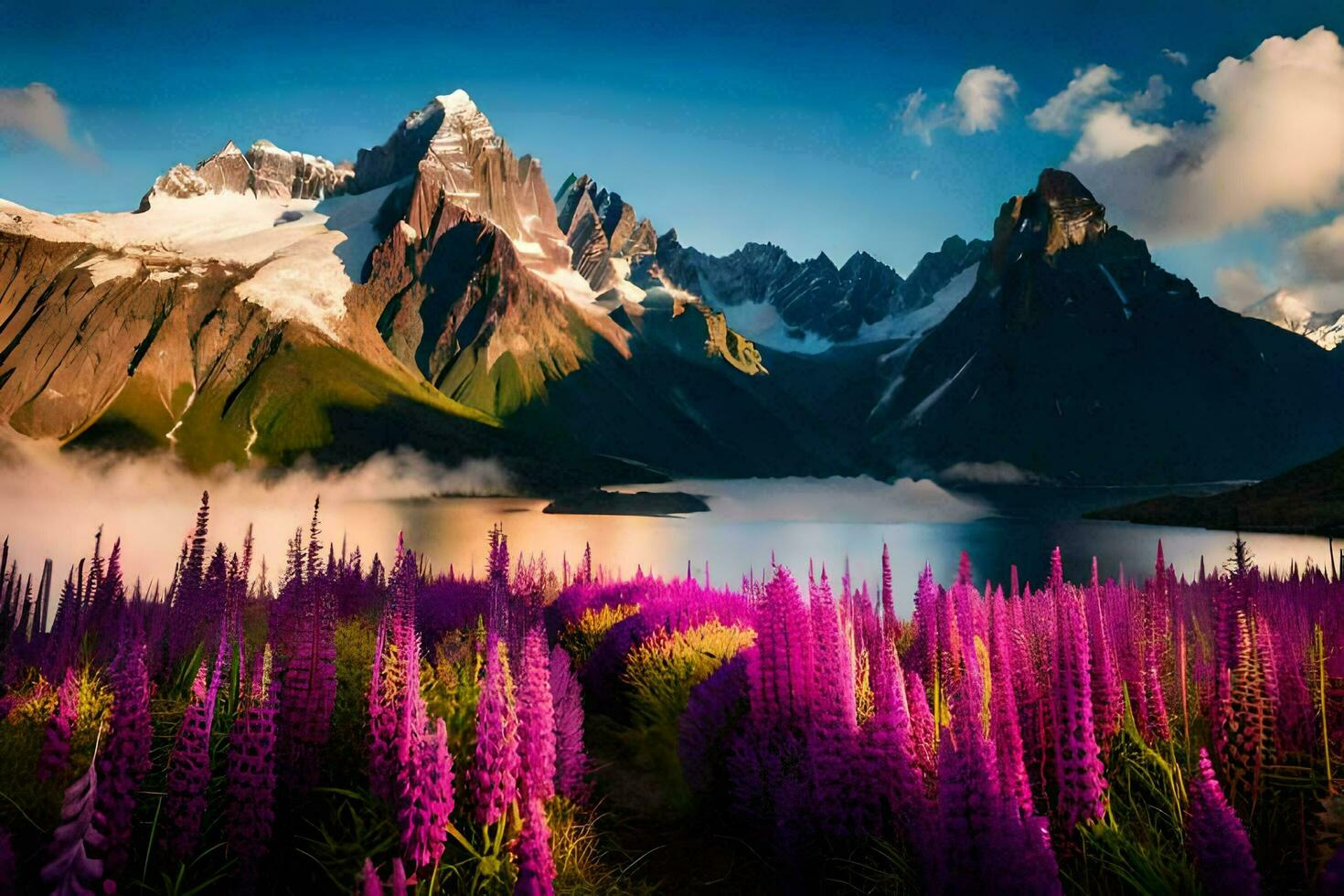 the mountains are covered in purple flowers and the lake is surrounded by mountains. AI-Generated photo