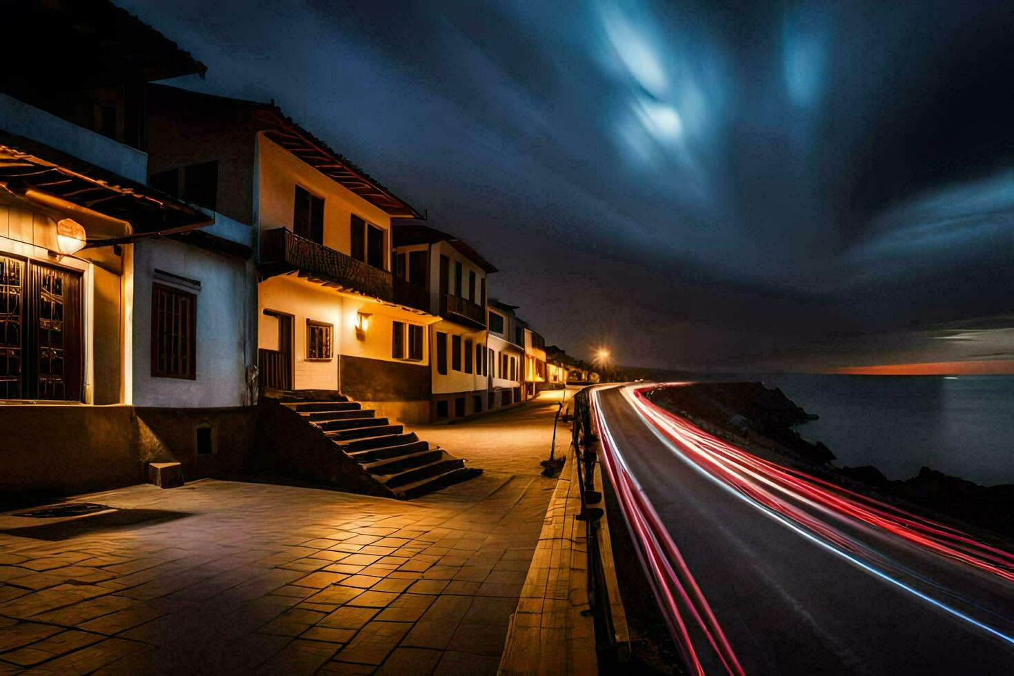 un largo exposición fotografía de un calle a noche. generado por ai foto