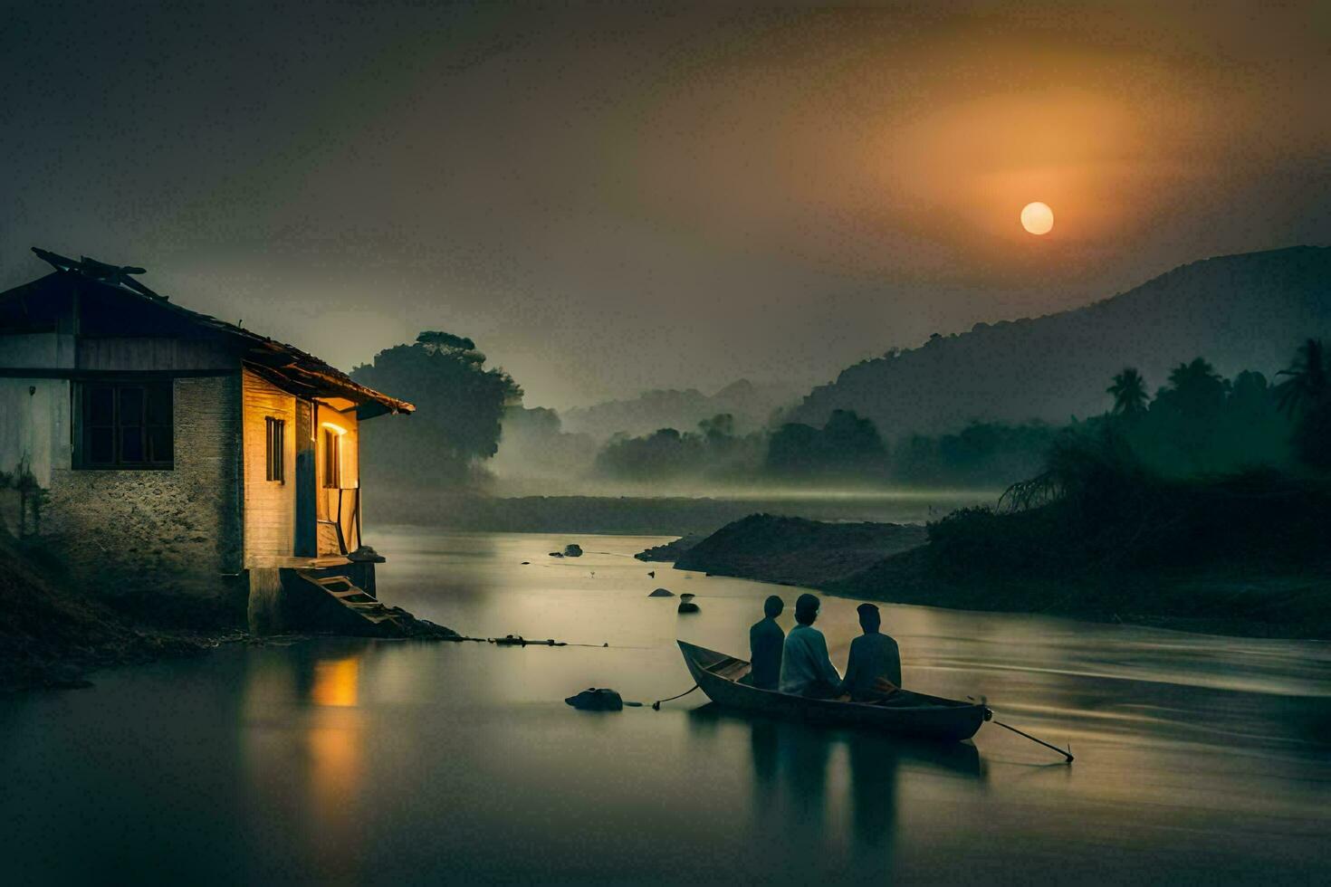 dos personas en un barco en el río a puesta de sol. generado por ai foto