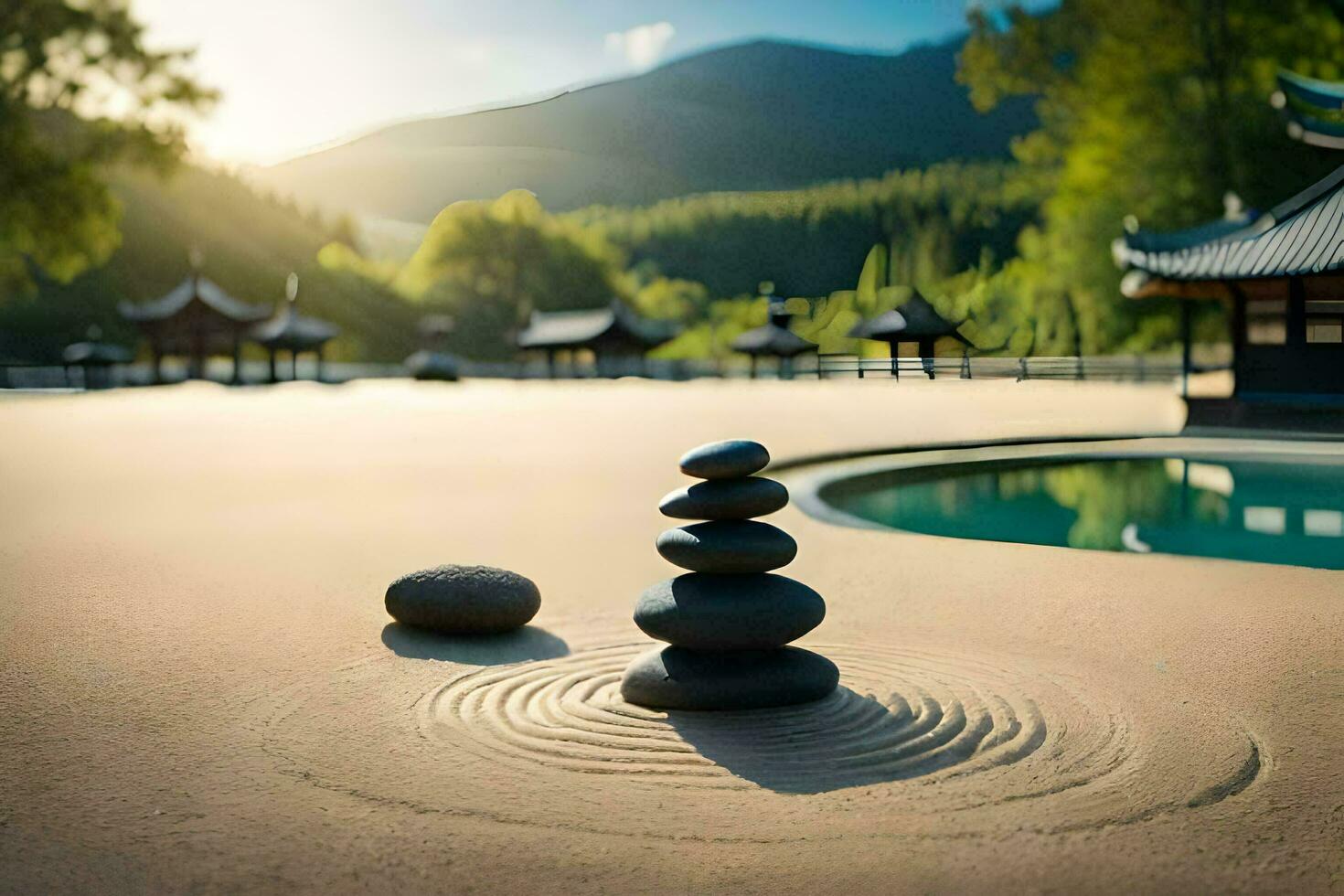 a zen garden with stones and water. AI-Generated photo