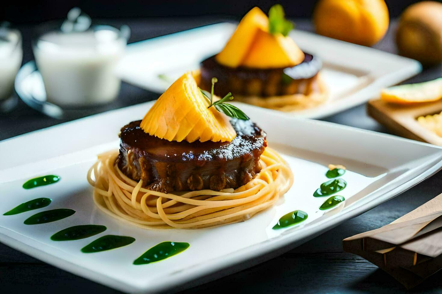 two plates with spaghetti and fruit on them. AI-Generated photo