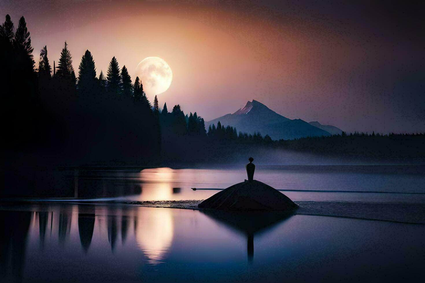 a man stands on a rock in front of a full moon. AI-Generated photo