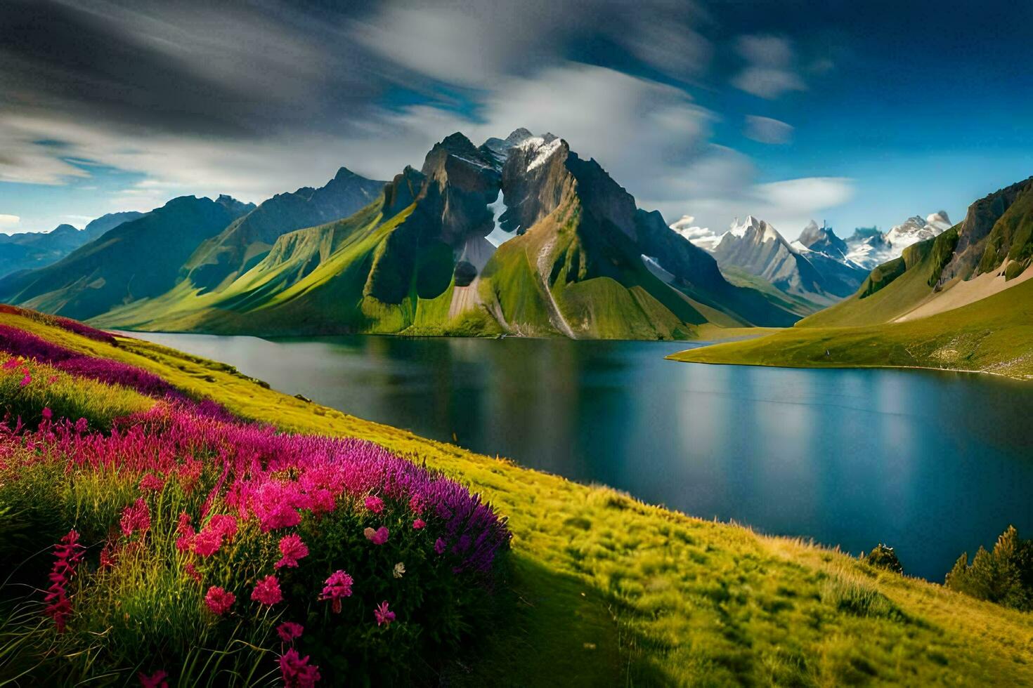 the mountains are covered with flowers and the lake is surrounded by purple flowers. AI-Generated photo