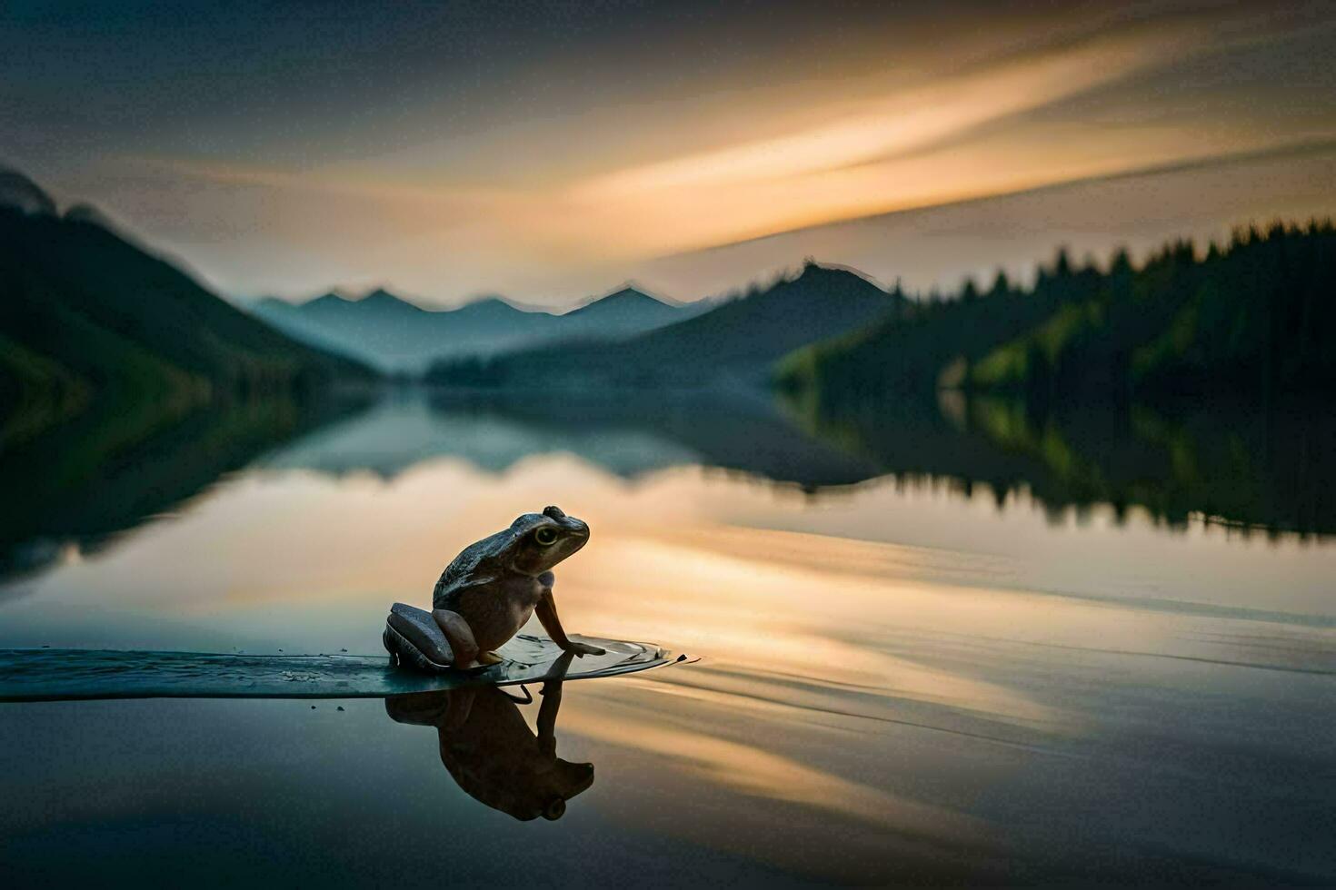 a frog sitting on the edge of a lake at sunset. AI-Generated photo