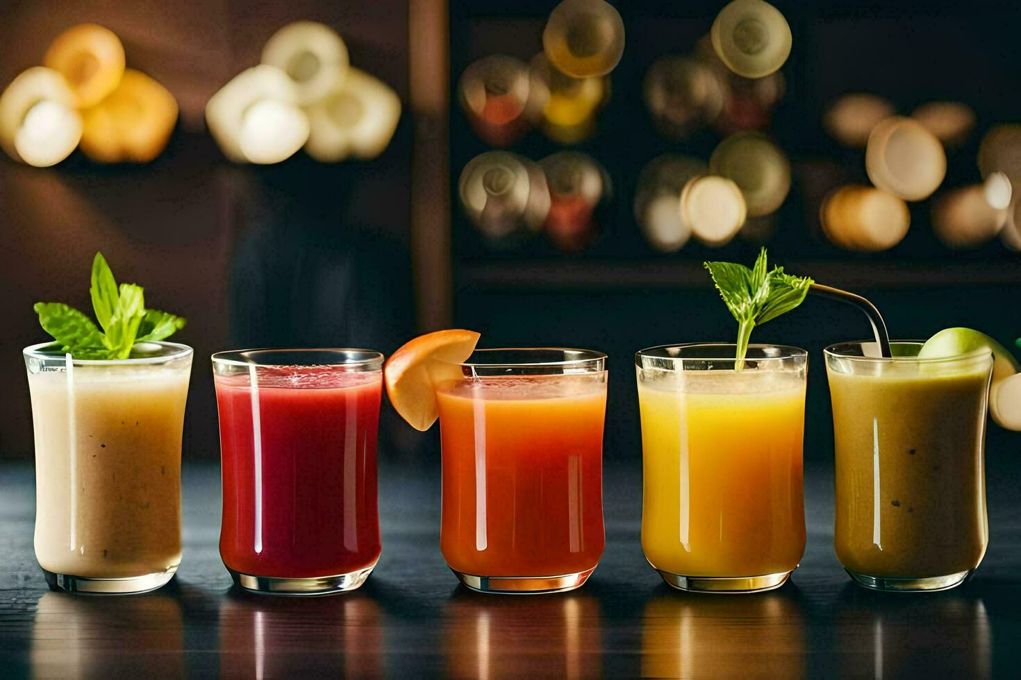 a row of different colored juices in glasses. AI-Generated photo