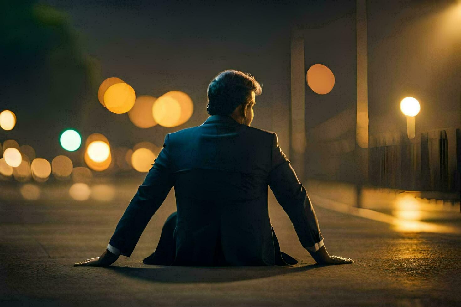 a man sitting on the ground at night. AI-Generated photo