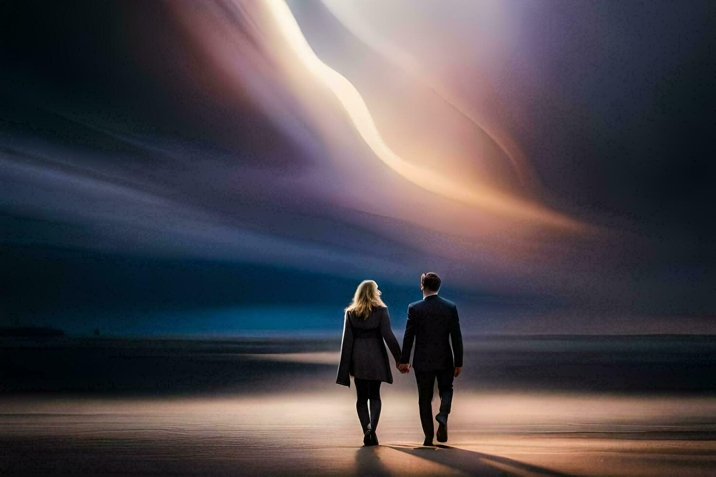 a couple walking on the beach under a dark sky. AI-Generated photo