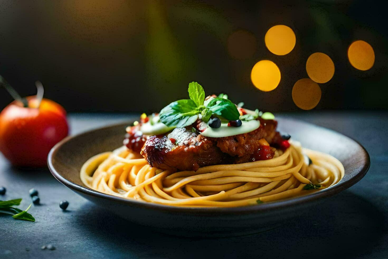 spaghetti with meat and tomato sauce on a black plate. AI-Generated photo