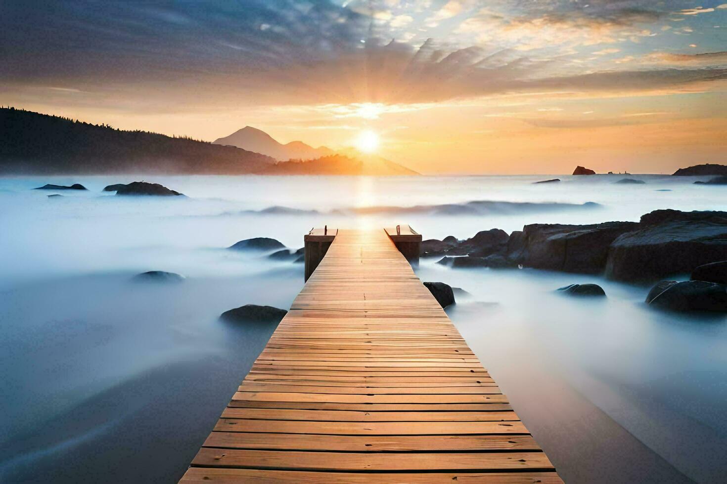 a wooden dock stretches out into the ocean at sunset. AI-Generated photo