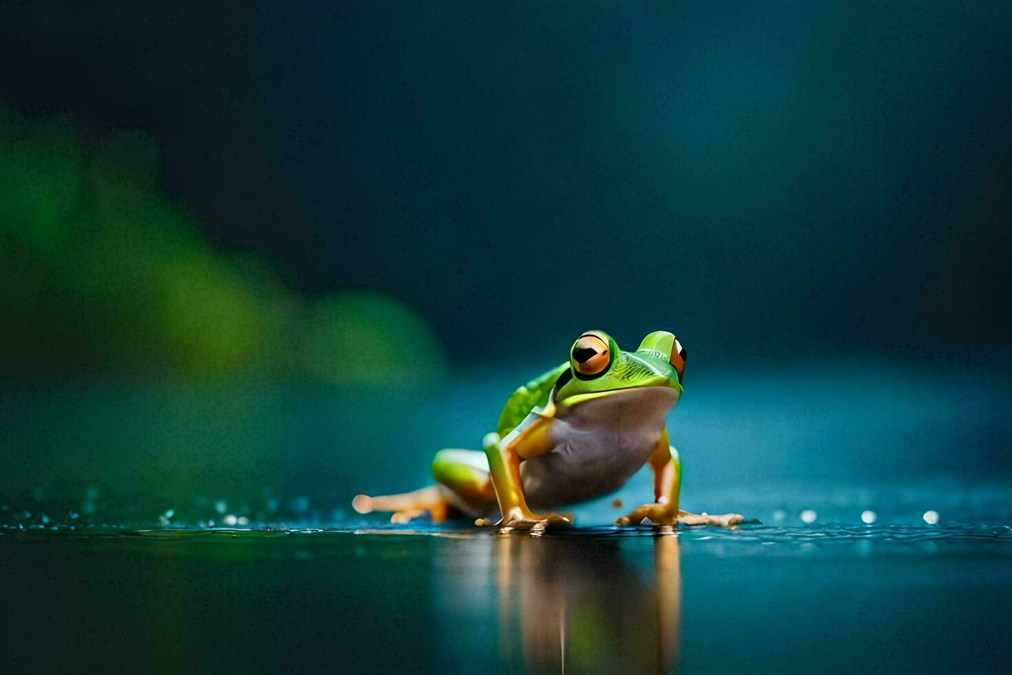 a frog sitting on the ground in the rain. AI-Generated photo