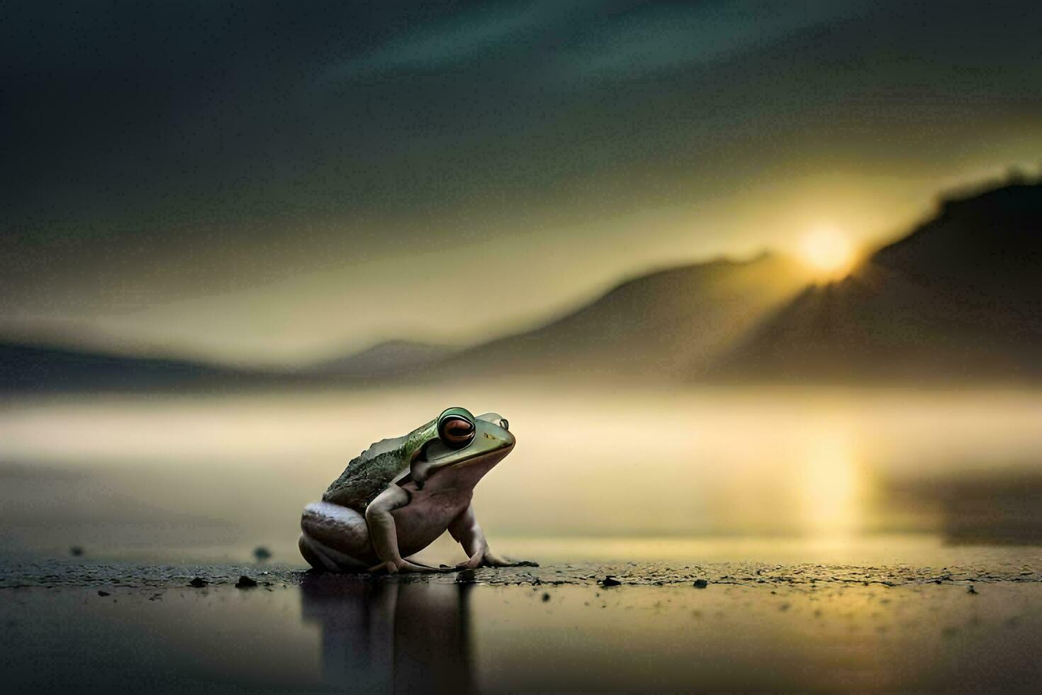 a frog sitting on the shore of a lake at sunset. AI-Generated photo