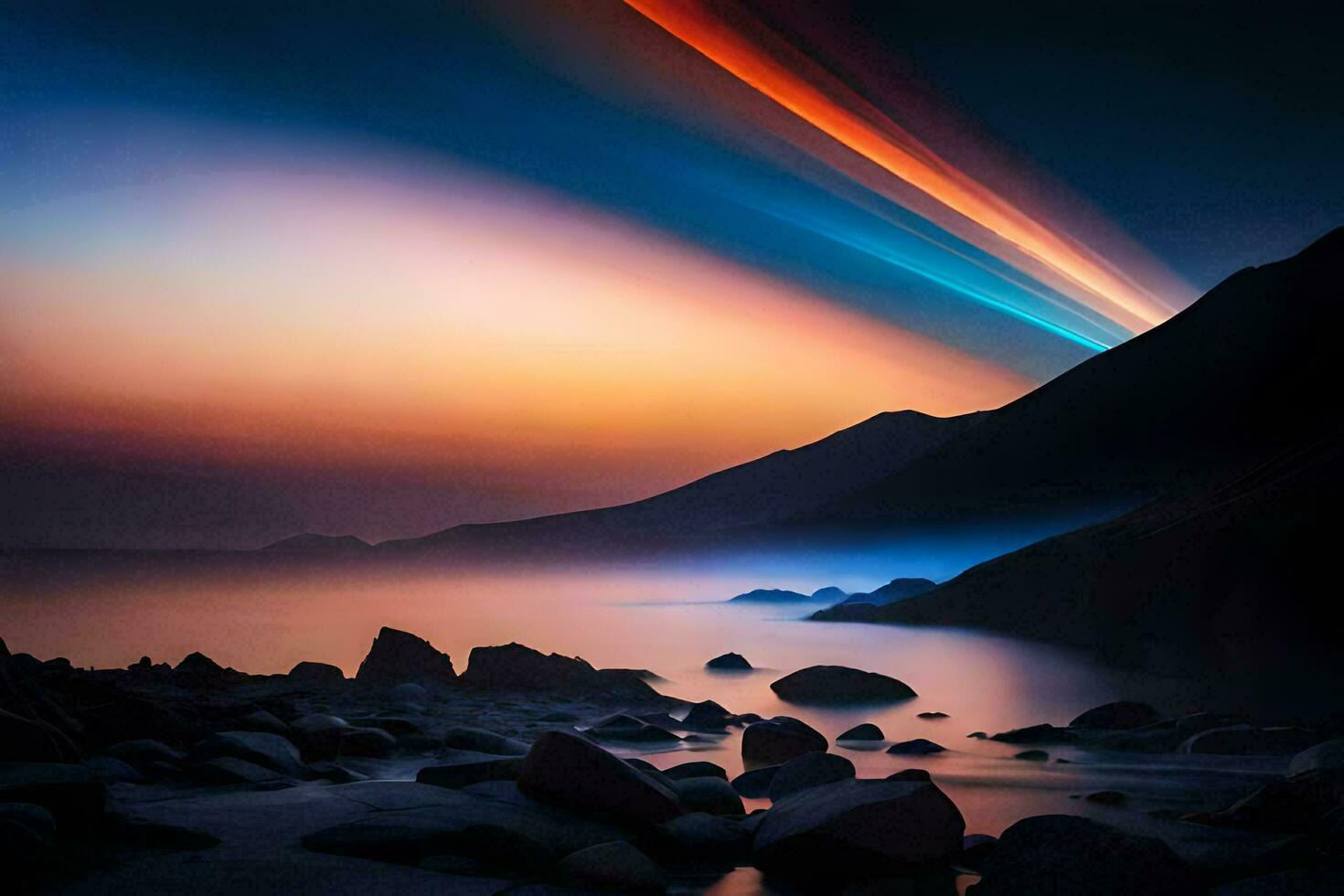 a colorful light beam shines over the ocean. AI-Generated photo