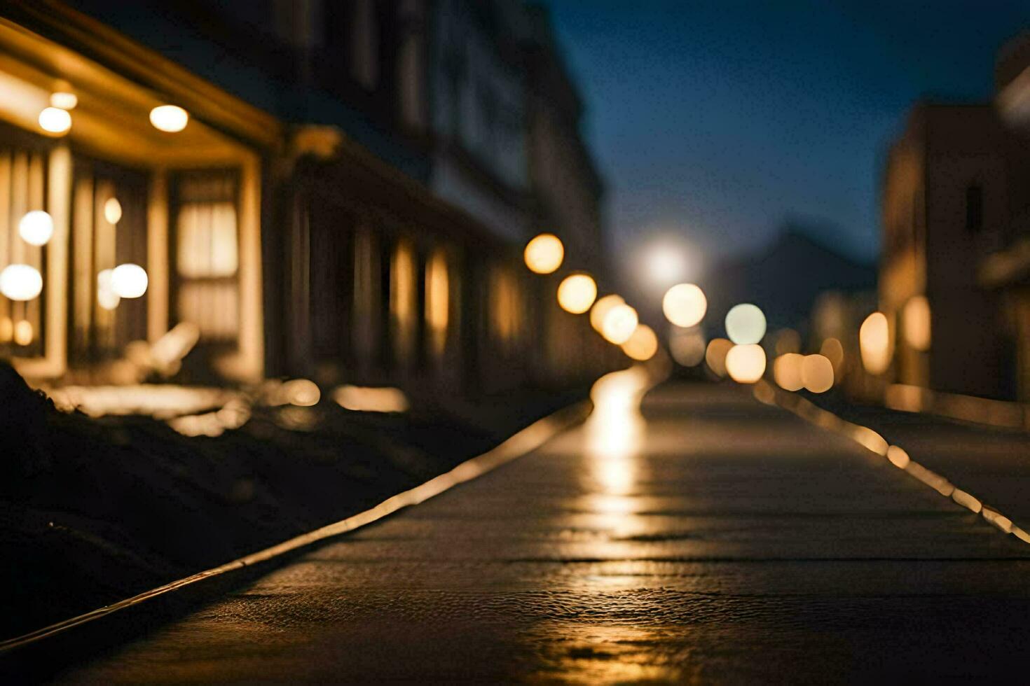 un largo, vacío calle a noche con luces en. generado por ai foto