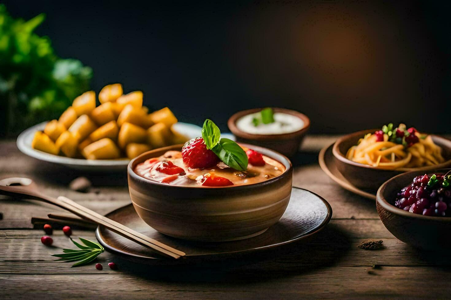 a bowl of soup with vegetables and a bowl of rice. AI-Generated photo