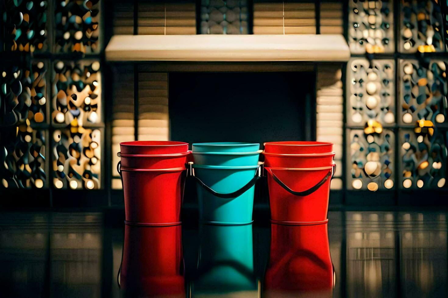 three red and blue buckets sit in front of a fireplace. AIGenerated
