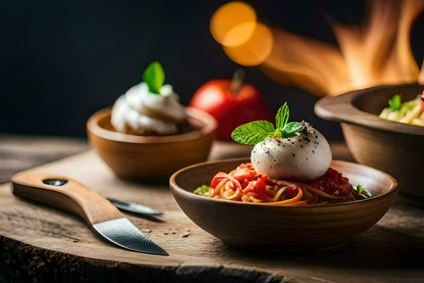 spaghetti with tomato sauce and mozzarella cheese in a wooden bowl. AI-Generated photo