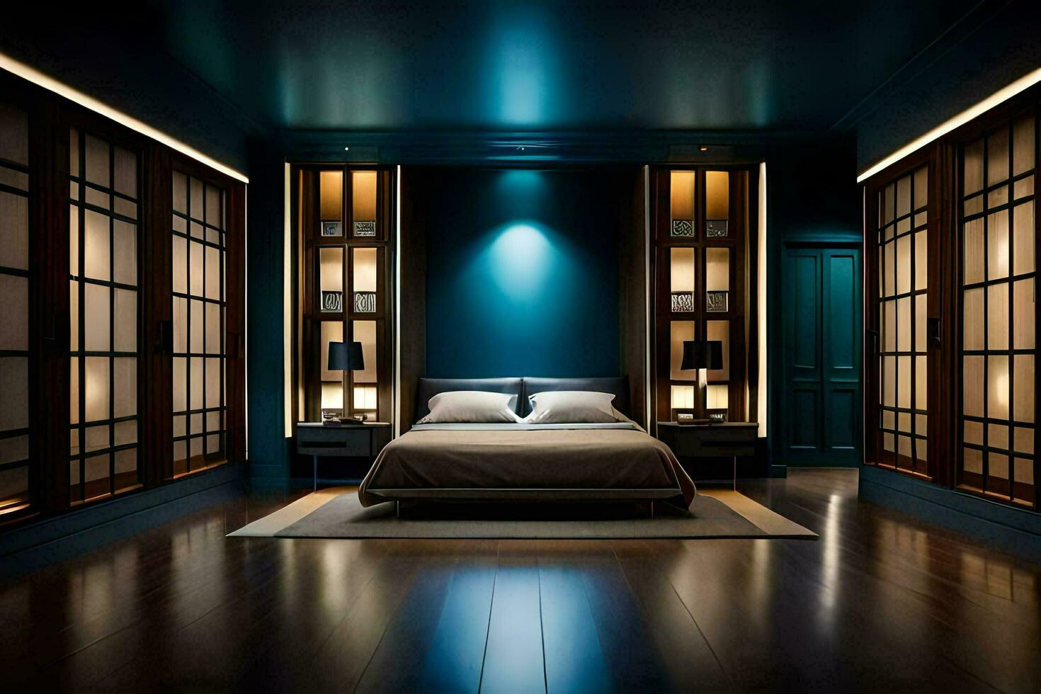 a bedroom with blue walls and wood floors. AI-Generated photo
