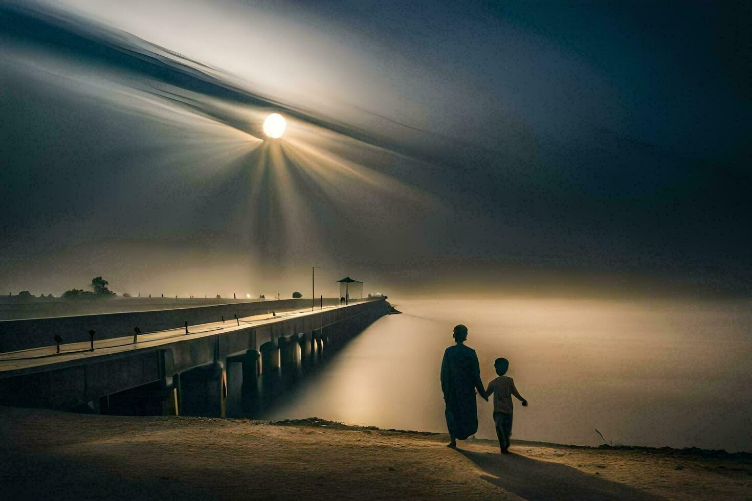 two people walking along the beach at night with the sun shining. AI-Generated photo