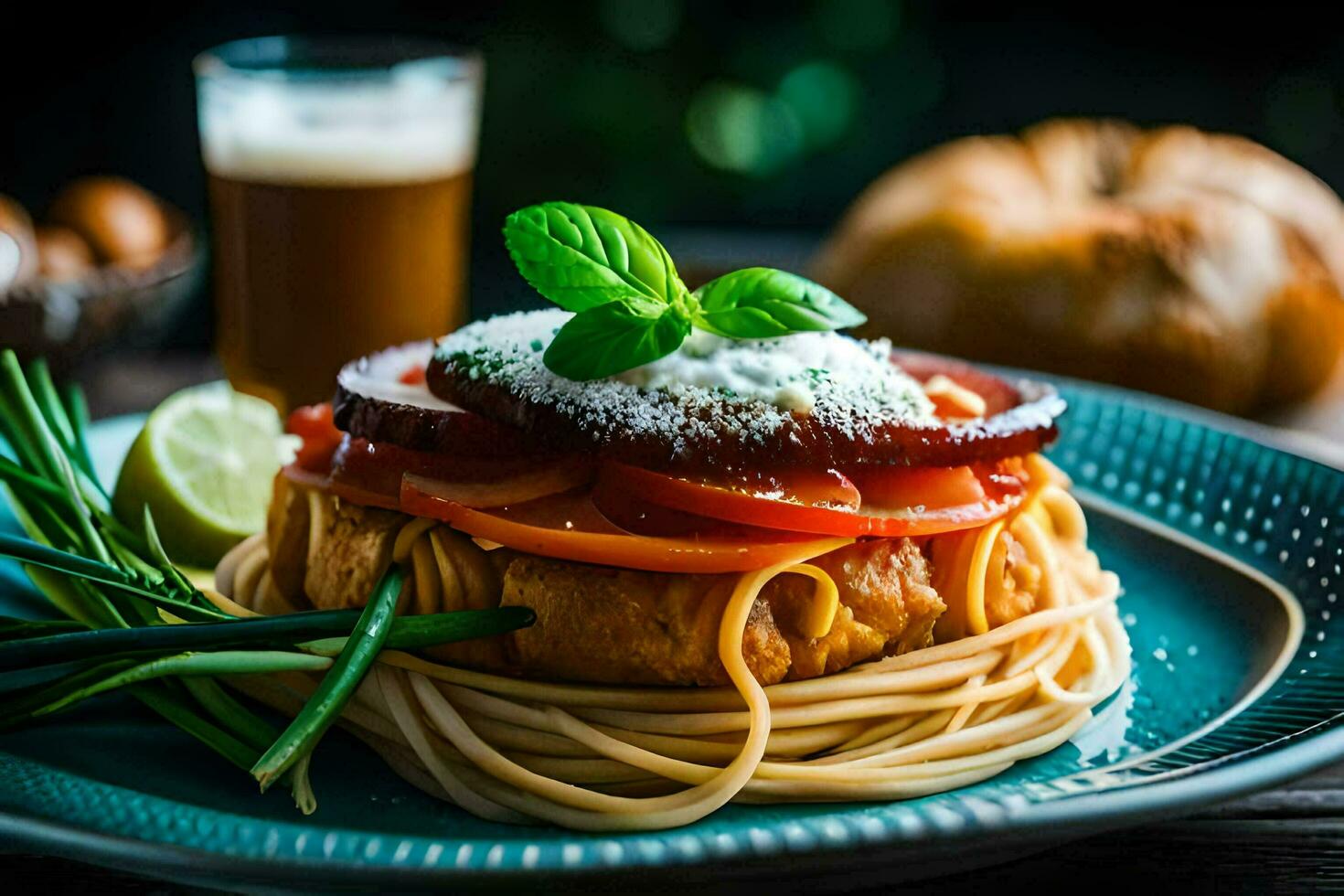 a plate with spaghetti and tomato on top. AI-Generated photo
