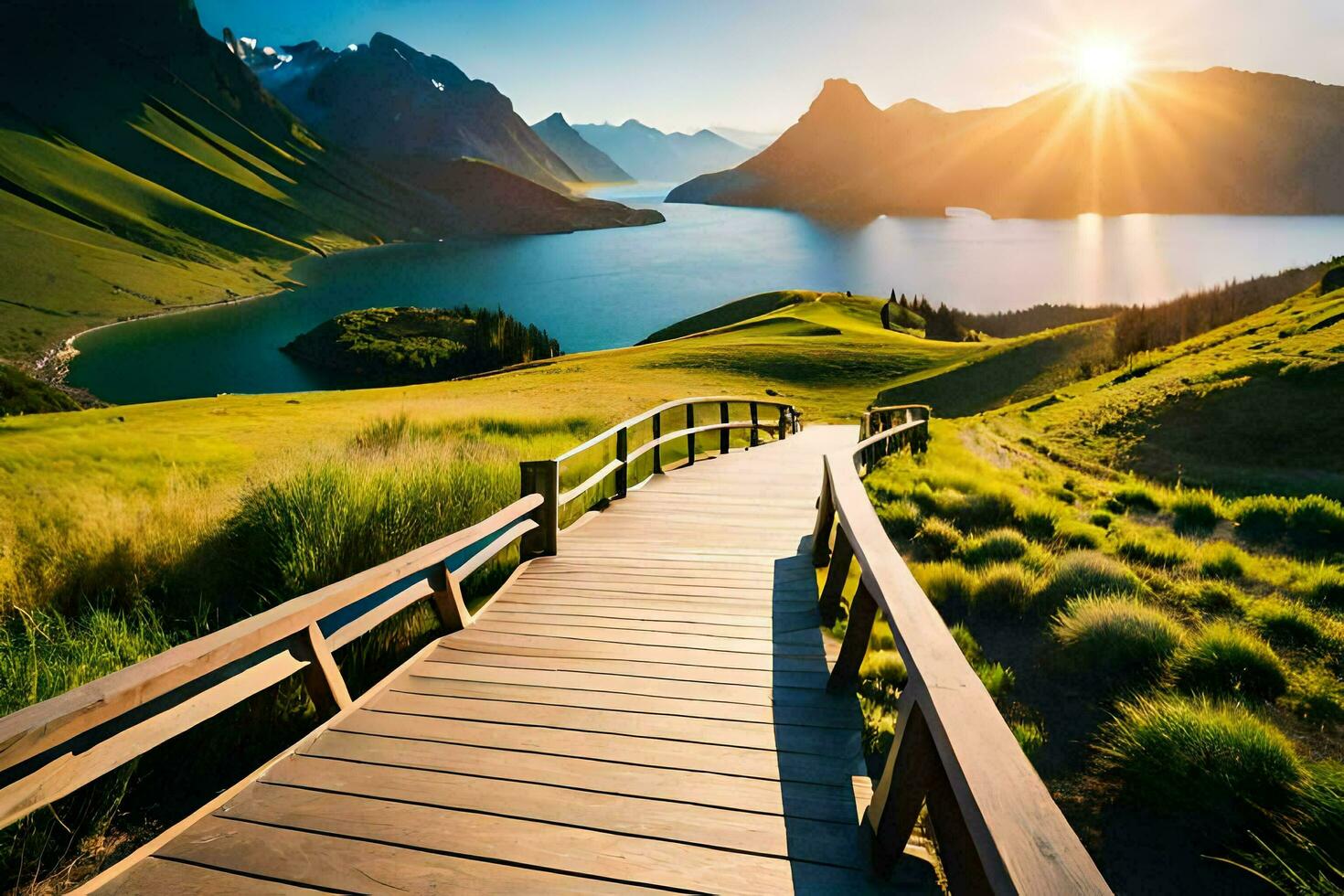 the boardwalk leads to the lake. AI-Generated photo