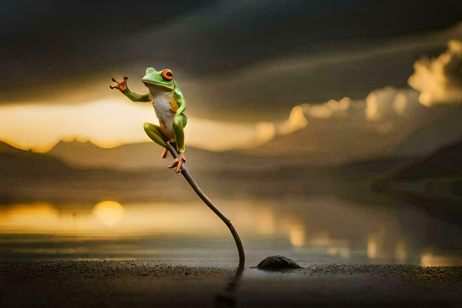 a frog on a stick in front of a lake. AI-Generated photo