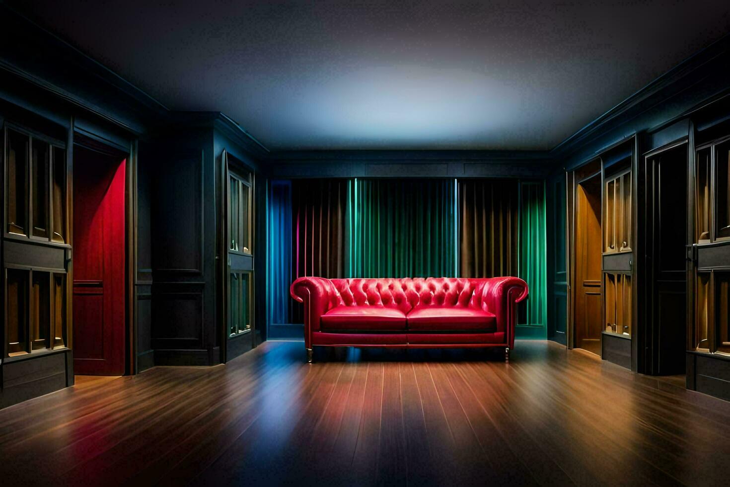 a red leather couch in a dark room. AI-Generated photo