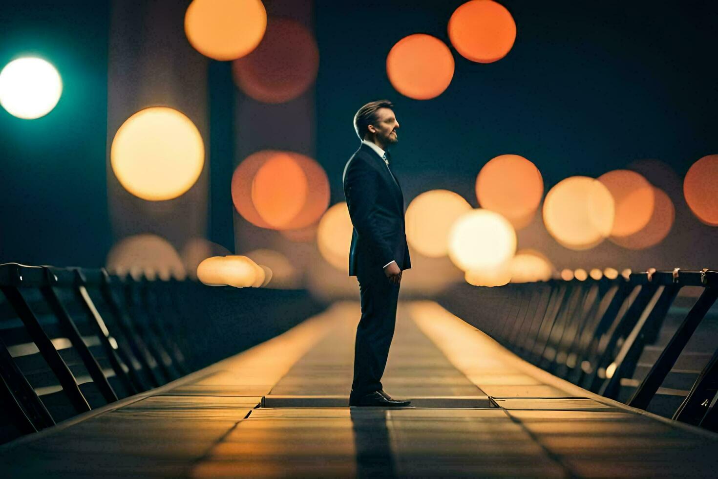 a man in a suit stands on a bridge at night. AI-Generated photo