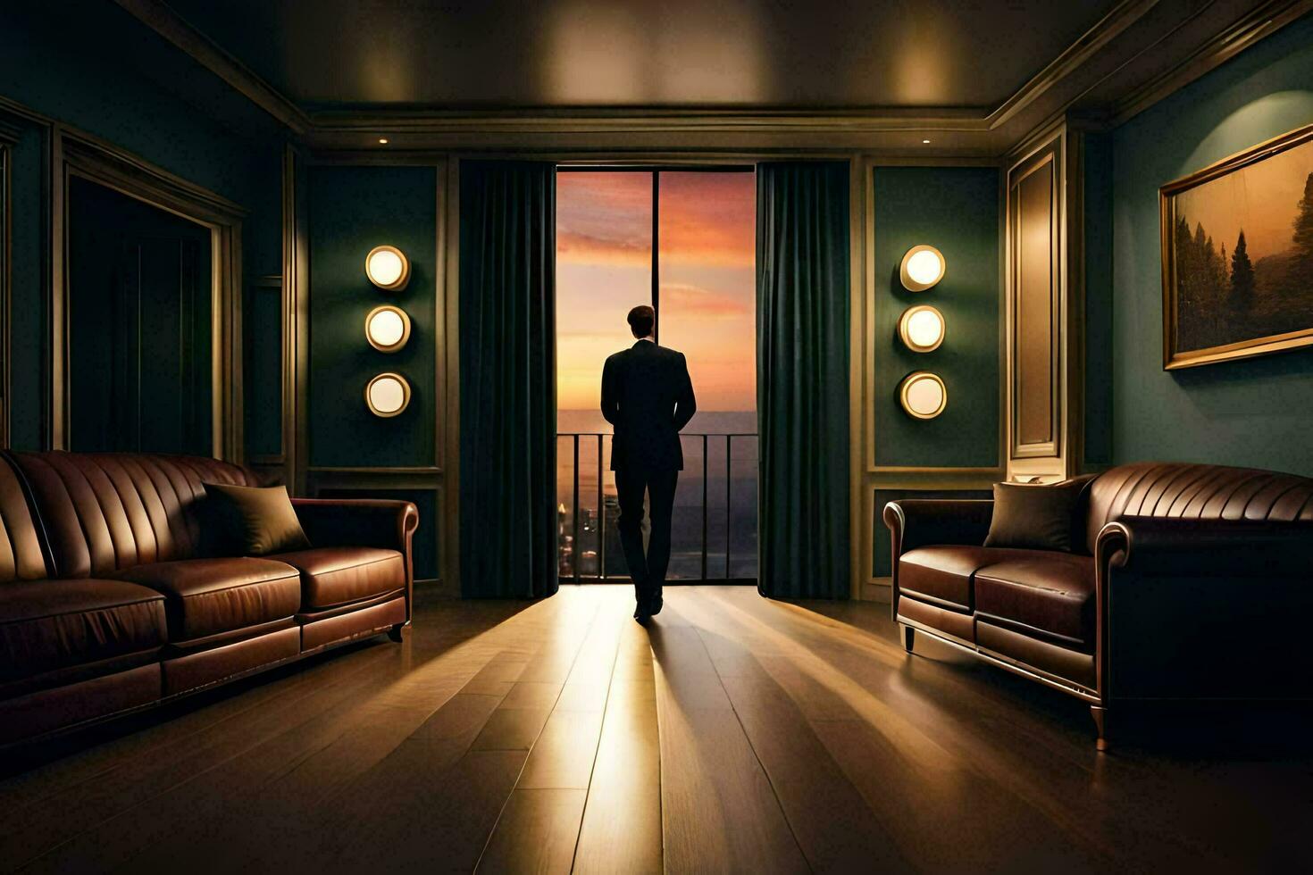 a man in a suit stands in front of a large room with a view of the city. AI-Generated photo
