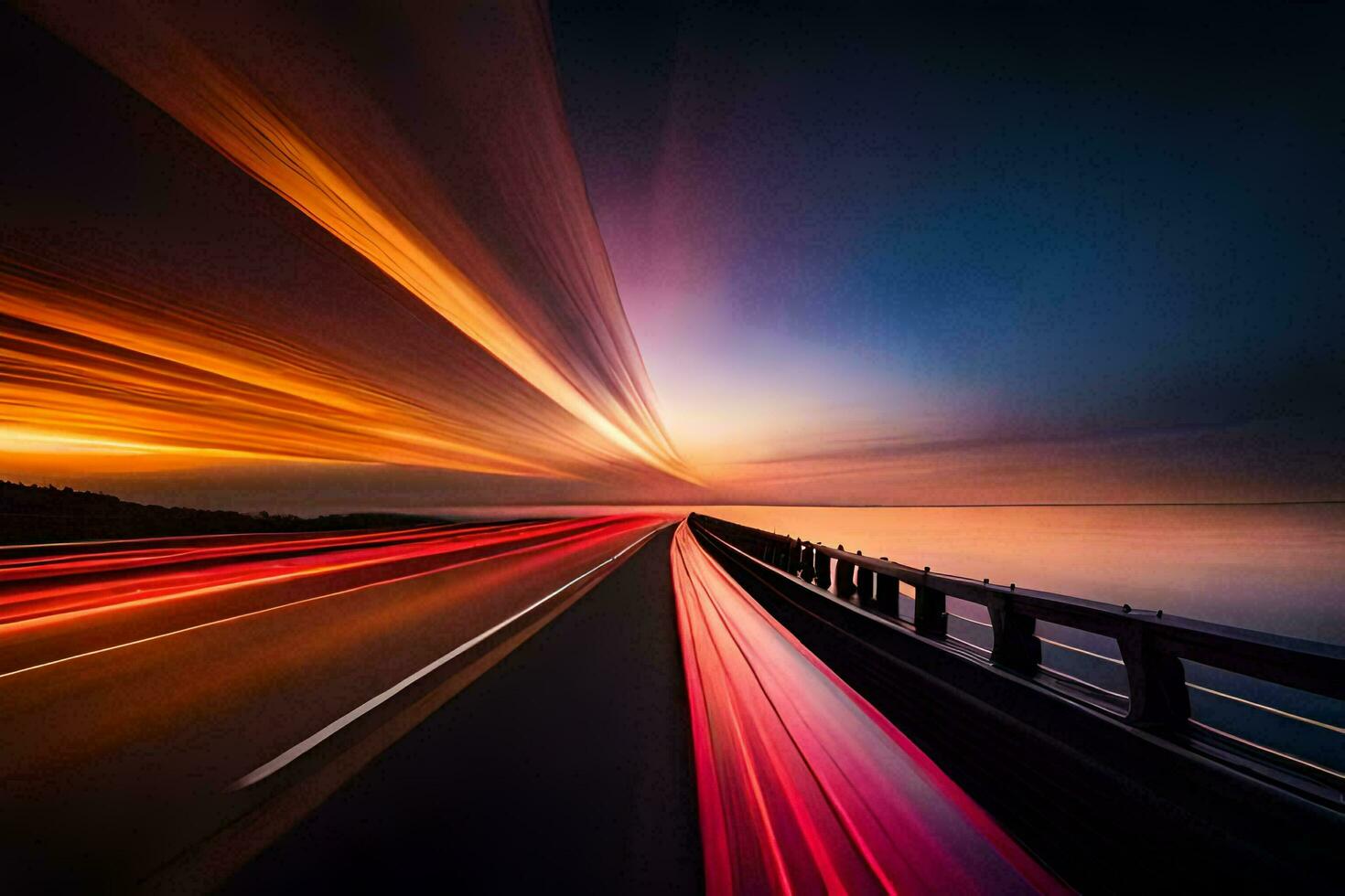 un largo exposición fotografía de un autopista a puesta de sol. generado por ai foto