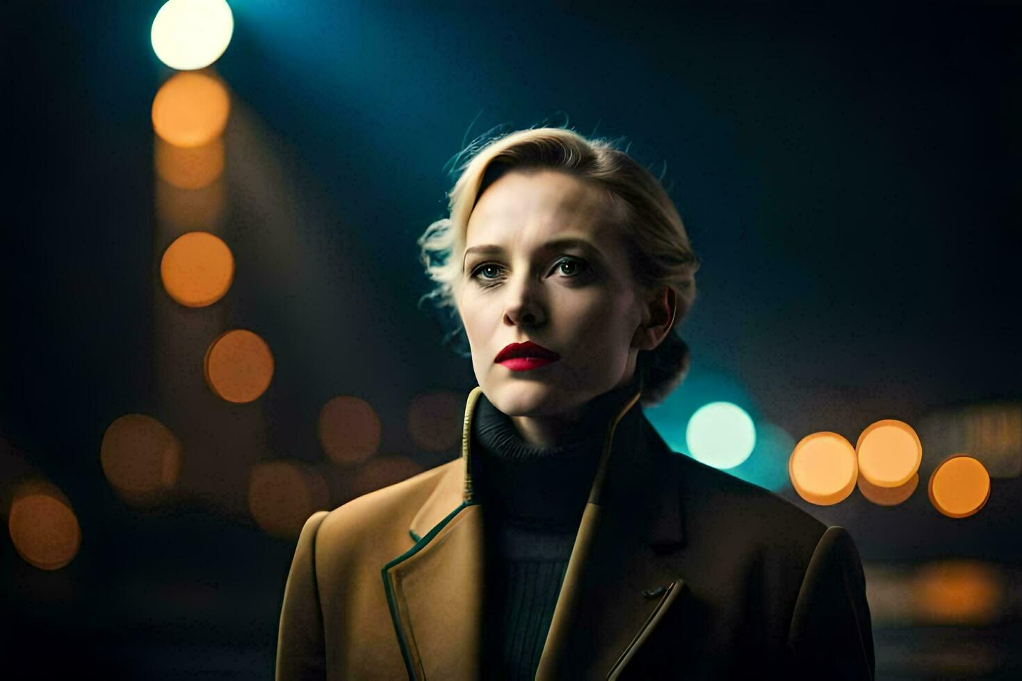 a woman in a brown coat and black dress. AI-Generated photo
