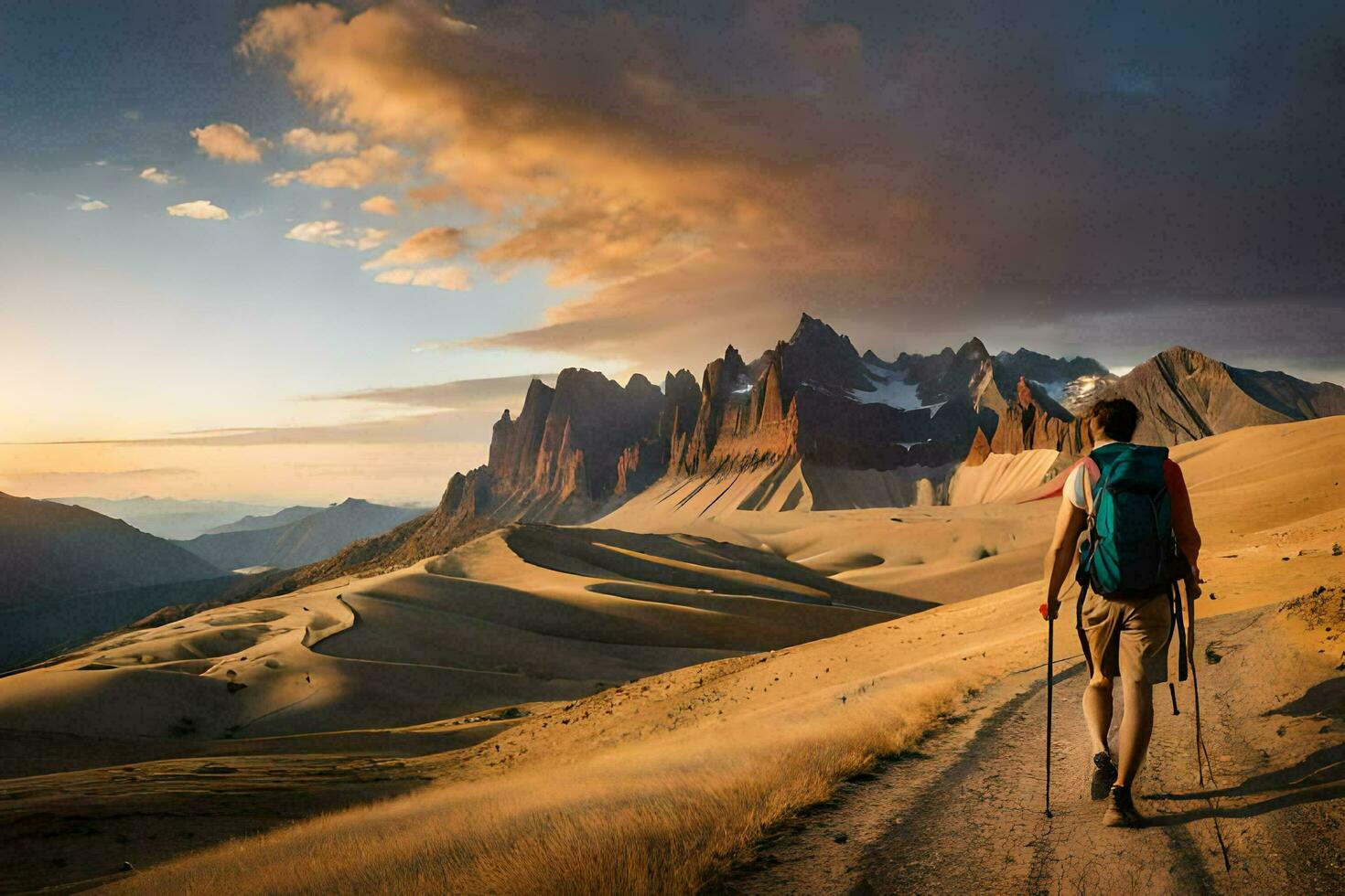 a man with backpack and trek poles walks on the road in the dolomites. AI-Generated photo